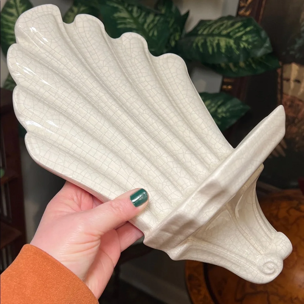 VTG Italian Crackle Glaze Ceramic Clam Shell Ornate Floating Wall Shelf